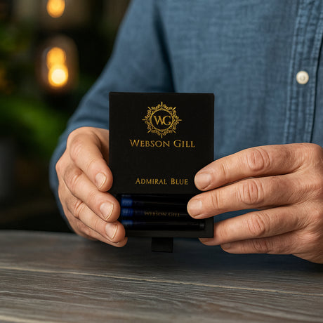 A person holds a Webson Gill Blue Ink Refill Starter Pack box with gold lettering on a wooden table.