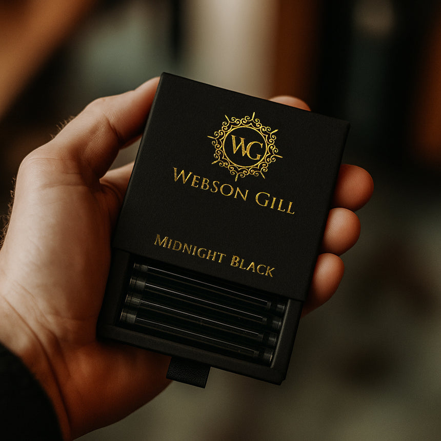 A hand holds a box labeled "Webson Gill" containing Ink Refill Cartridges—Instant Insert for Webson Gill Fountain Pens with black ink.