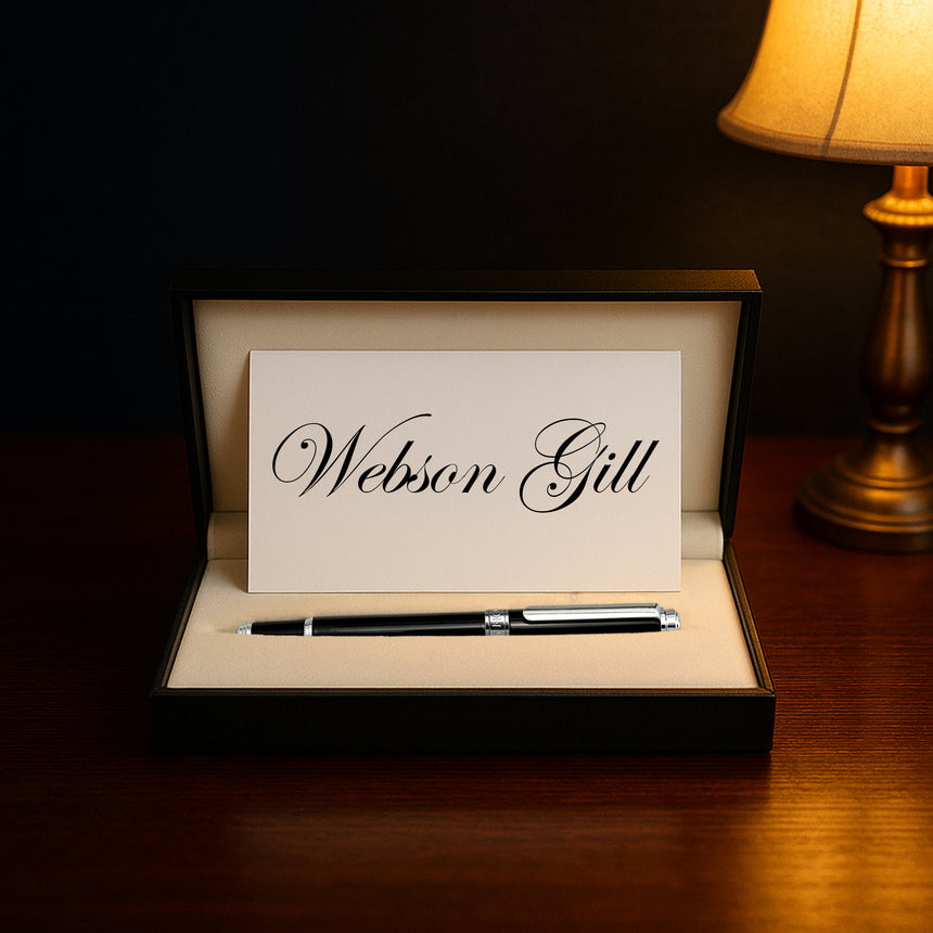 ‘The Mogul’ Premium Fountain Pen by Webson Gill rests in a gift box, accompanied by a branded card, beside a glowing table lamp on a wooden desk, its stainless steel nib catching the light.