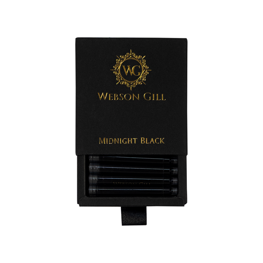 The black box labeled "Ink Refill Cartridge - Instant Insert for Webson Gill Fountain Pens - Black Ink" by Webson Gill contains smudge-free black ink cartridges for clean, precise writing, with refills visible inside.