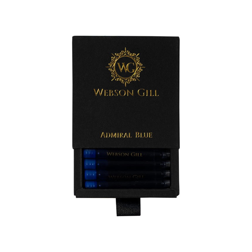 Open black box labeled "Webson Gill" reveals blue Ink Refill Cartridge – Instant Insert for Webson Gill Fountain Pens. Perfect for fountain pen users who want smudge-free blue ink from a trusted brand.