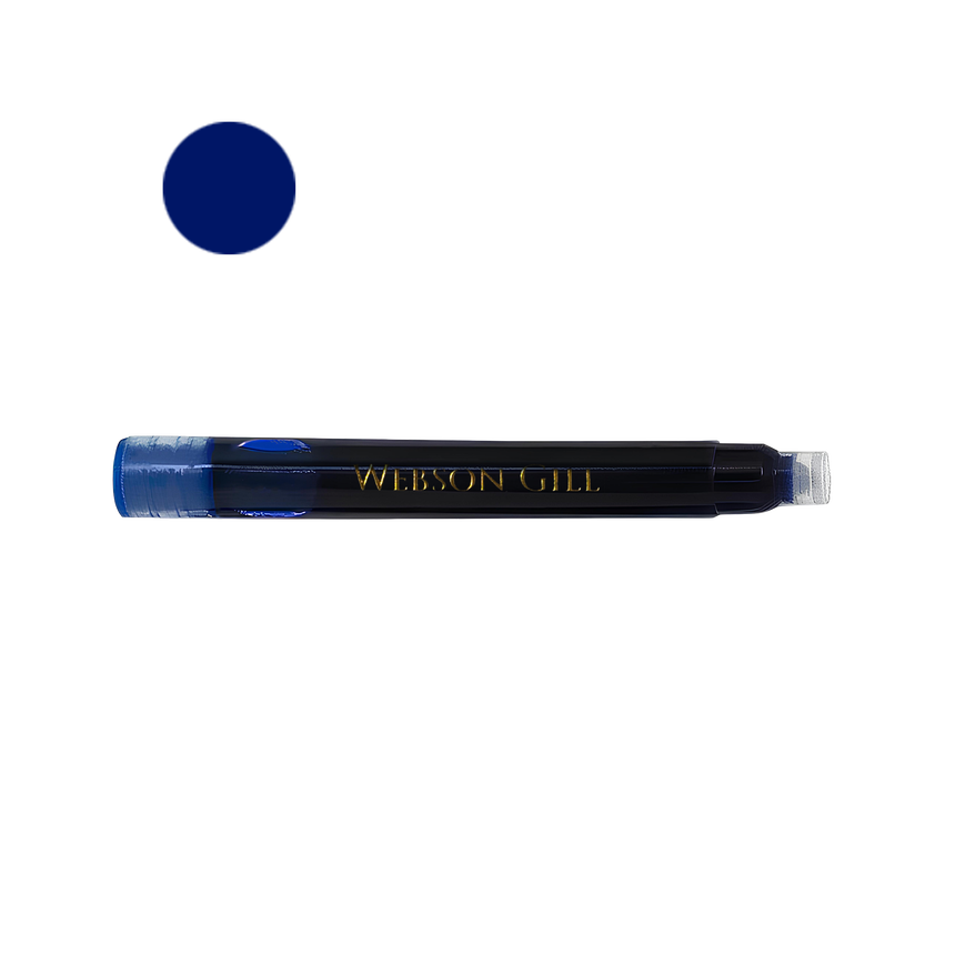 A blue Ink Refill Cartridge for Webson Gill fountain pens, featuring smudge-free ink and "WEBSON GILL" branding with a blue color swatch, shown on a white background.