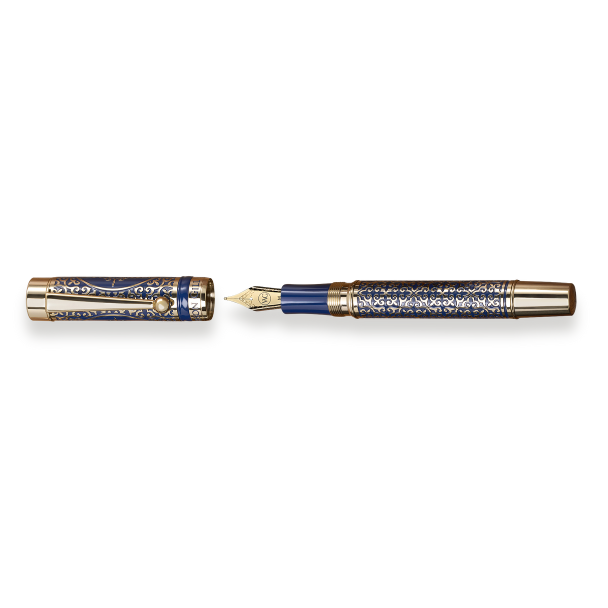 The Regal Premium Fountain Pen by Webson Gill features blue and gold accents, intricate patterns, and elegant gold brass filigree on both the pen and cap—an exquisite piece for fountain pen collectors.