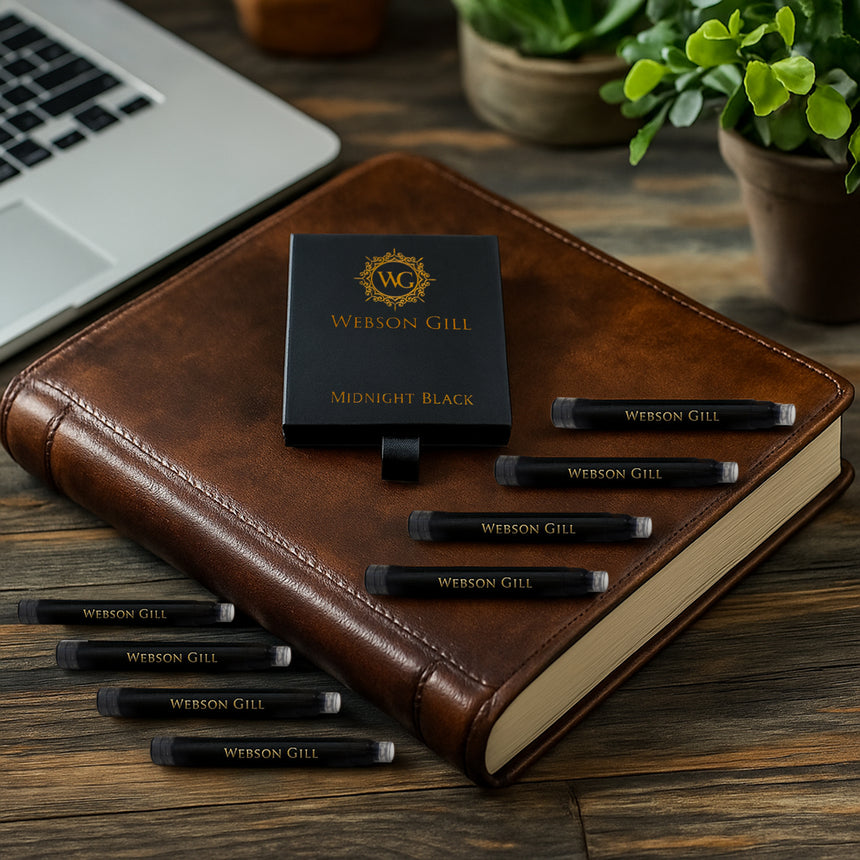 A brown leather-bound book, Webson Gill Ink Refill Cartridge (black), black crayons, a laptop, and green plants sit on a wooden table—perfect for crafting smudge-free ink notes.