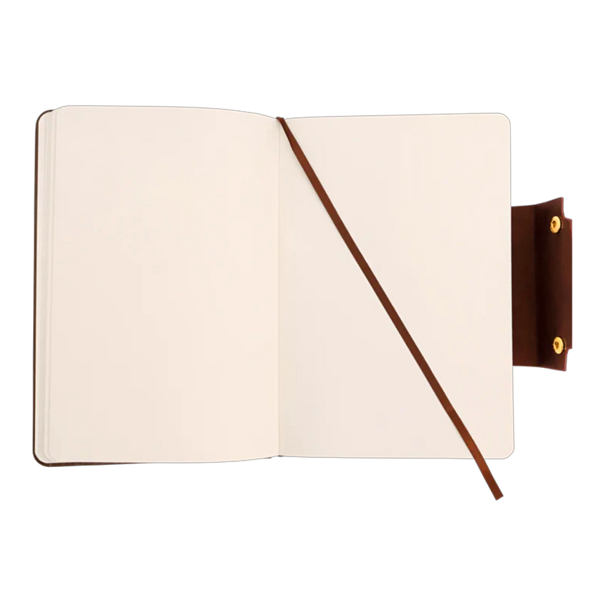 The Webson Gill Leather Writing Notebook features a blank, brown leather cover and a ribbon bookmark, displayed on a white background.