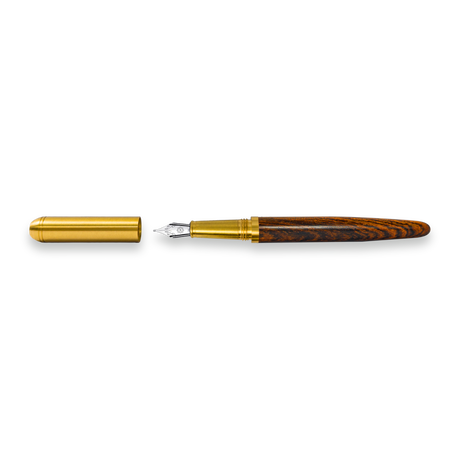 The Captain Edition Fountain Pen by Webson Gill, shown with its gold cap removed, features a wooden barrel and stainless steel nib, displayed on a white background.