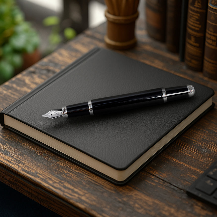 The Webson Gill 'The Mogul' Premium Fountain Pen with a stainless steel nib sits atop a closed black notebook on a wooden desk.