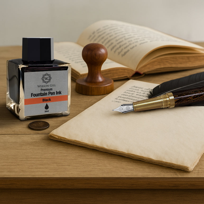 A 'Webson Gill Ink in a Bottle' fountain pen refill (black ink), a feather quill, old envelope, open book, and wooden stamp rest on the desk.
