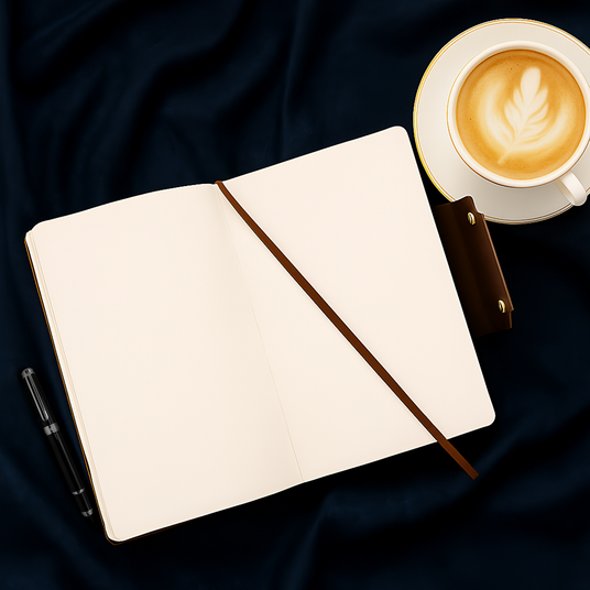 A Webson Gill Leather Writing Notebook, a pen, and a latte with foam art sit atop a dark fabric background.