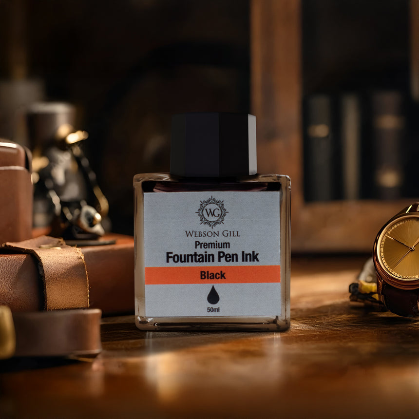 A bottle of Webson Gill 'Ink in a Bottle' Fountain Pen Refill—rich black ink that fits all fountain pens—rests on a wooden desk by a watch and leather items, ideal for calligraphy enthusiasts and fountain pen lovers.