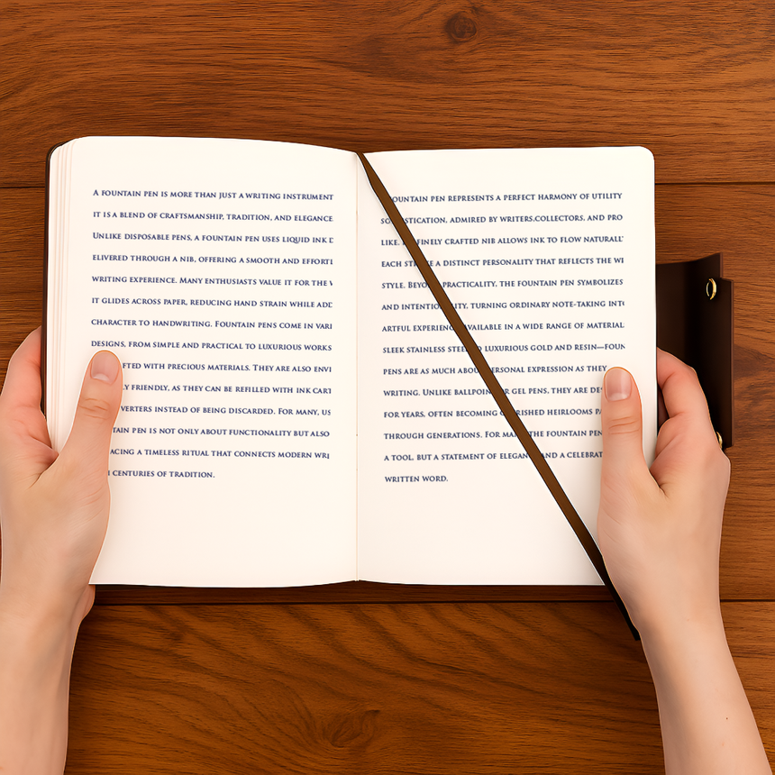 Hands holding an open Webson Gill Leather Writing Notebook with text on both pages, placed on a wooden table.