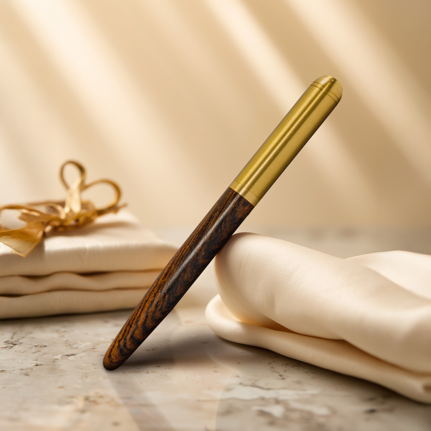 The 'Captain Edition' Premium Fountain Pen by Webson Gill, featuring an oak wood barrel, stands upright on marble with folded satin cloths nearby.