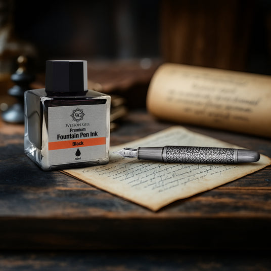 The Webson Gill Black Ink in a Jar Universal Fountain Pen Refill by Webson Gill sits beside an ornate pen on handwritten notes, ideal for calligraphy; a blurred parchment completes the classic scene.