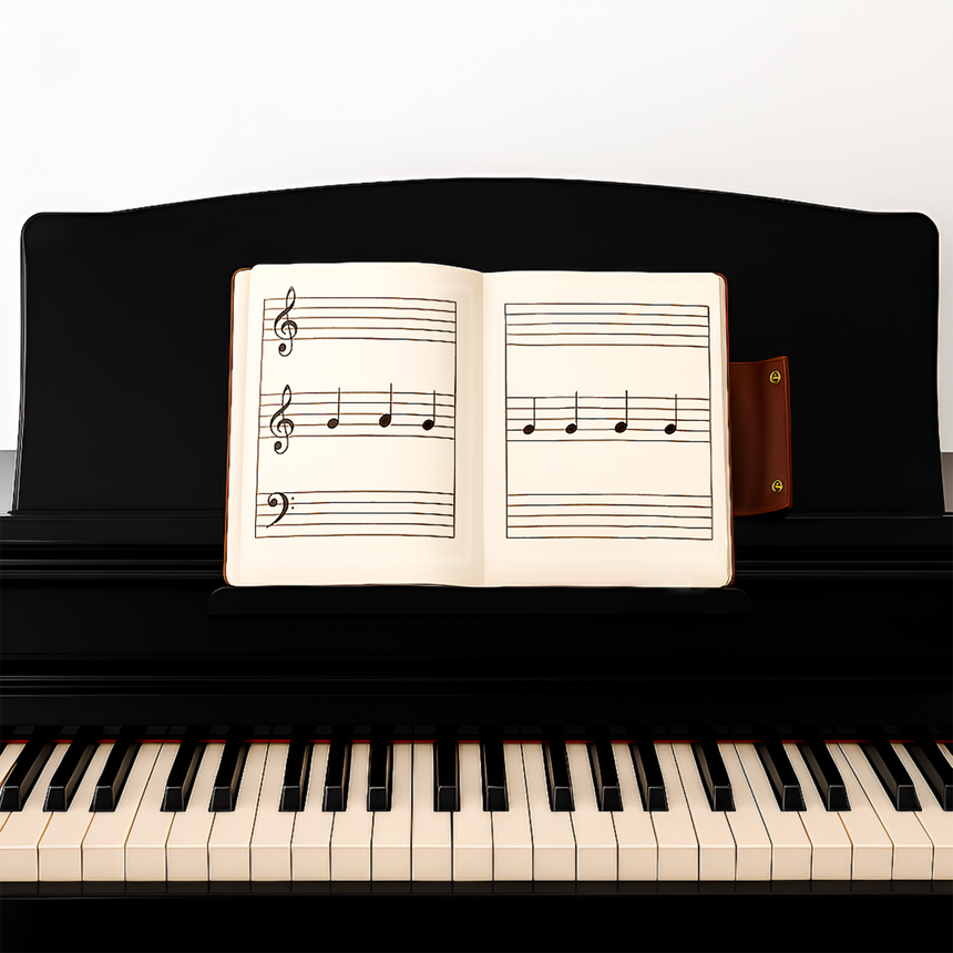 An open sheet music book sits on a black piano with visible keys, next to a Webson Gill Leather Writing Notebook, perfect for capturing musical ideas.