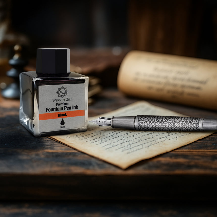 A bottle of Webson Gill 'Ink in a Bottle' Fountain Pen Refill—black ink—sits with a decorative pen on a handwritten letter atop a wooden table.