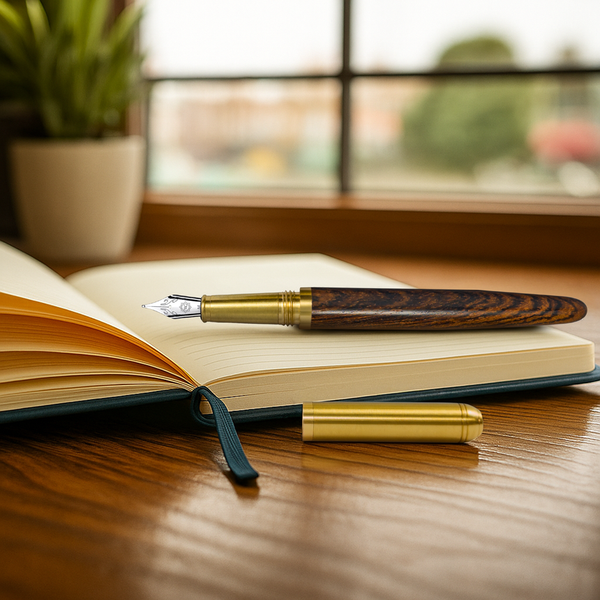 The 'Captain Edition' Premium Fountain Pen by Webson Gill, crafted from oak wood, lies beside an open notebook on a wooden desk near a window, with a potted plant adding a touch of charm to the scene.