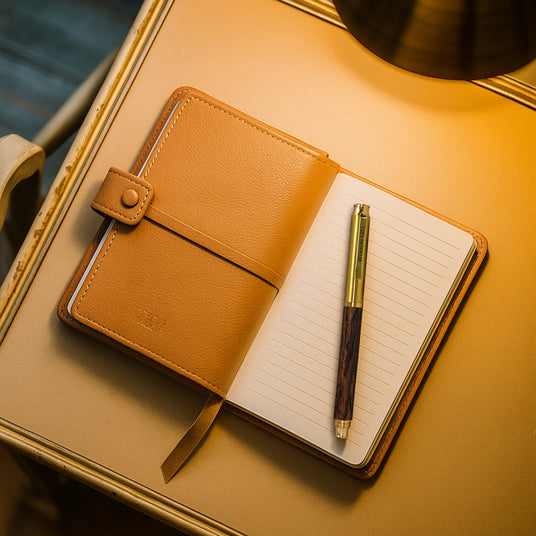 Open brown leather notebook with lined pages and the Webson Gill Prestige Edition Fountain Pen, crafted with a solid brass body and iridium nib, placed on a tan desk under warm light.