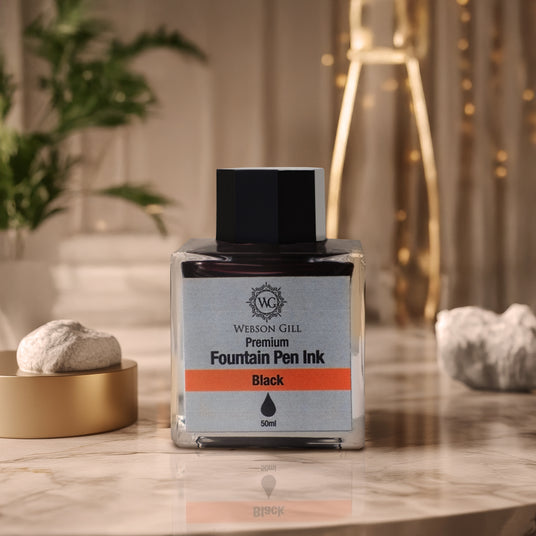 A jar of Webson Gill Black Ink, a universal fountain pen refill by Webson Gill, rests on a marble table—an ideal choice for calligraphy lovers, surrounded by plants and chic decor.