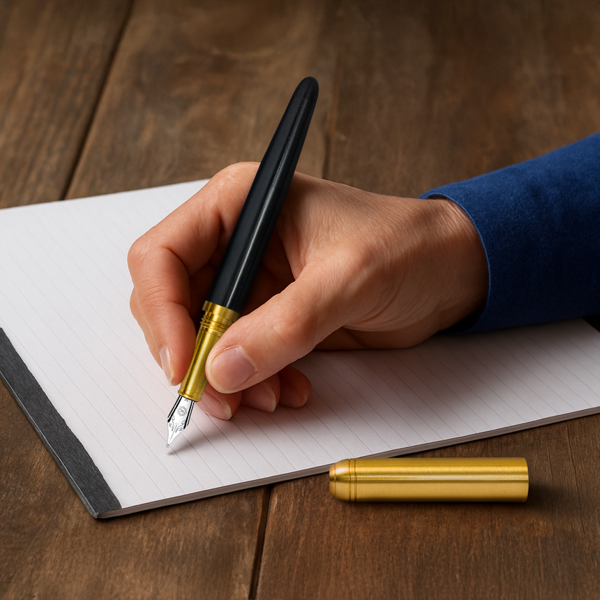 A hand writes on lined paper with the Webson Gill 'Captain Edition' Premium Fountain Pen – Black Wood, featuring a stainless steel nib, while its brass cap rests on a wooden desk.