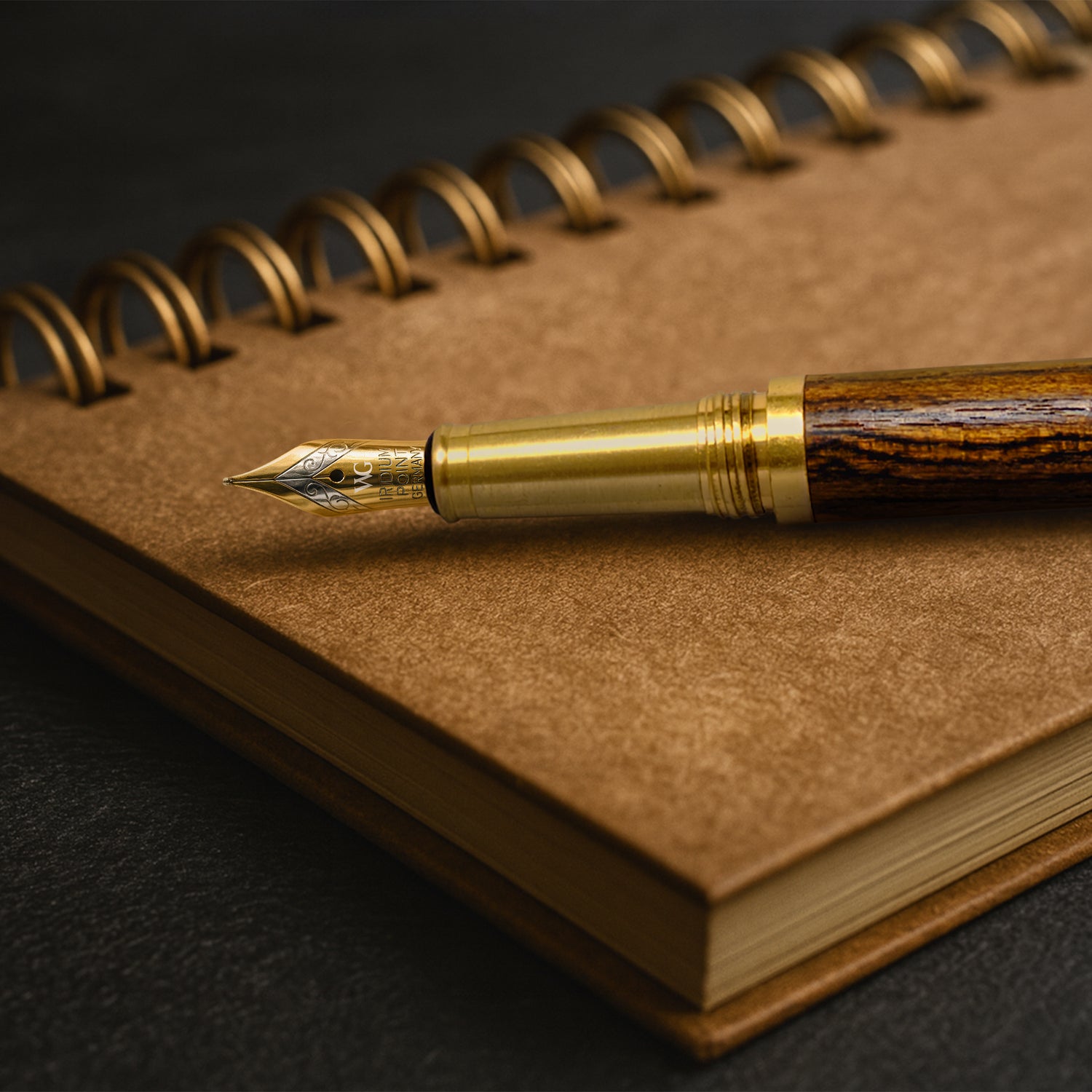 The Webson Gill Prestige Edition Fountain Pen with an iridium nib rests on a brown spiral notebook with blank pages, shown in close-up.