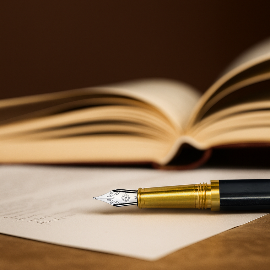 The Webson Gill 'Captain Edition' Premium Fountain Pen in Black Wood, featuring a stainless steel nib, rests on a piece of paper with an open book in the background.