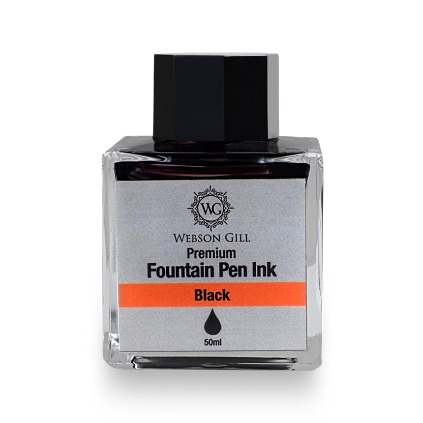 Webson Gill 'Ink in a Bottle' Fountain Pen Refill, black ink, fits all fountain pens; perfect for calligraphy enthusiasts and everyday writing. 50ml bottle with black cap.