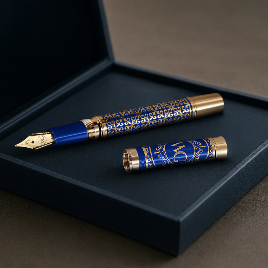 The Regal Premium Fountain Pen by Webson Gill is a decorative blue and gold luxury pen with elegant gold brass filigree, presented cap-off in a black box—an ideal collector's item for fountain pen enthusiasts.