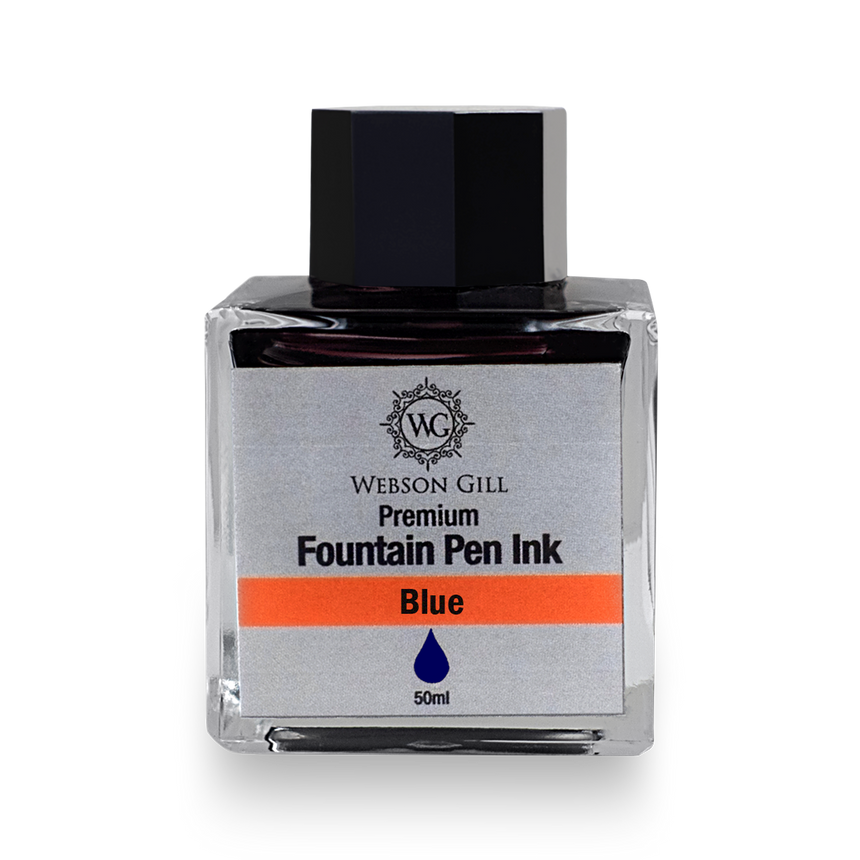 Webson Gill 'Ink in a Bottle' Fountain Pen Refill—blue ink, fits all fountain pens; 50ml bottle with a black cap and silver label—ideal for those who value premium writing ink.