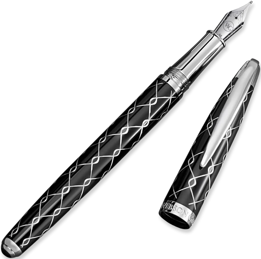 The WG ‘The Weaver’ Everyday Fountain Pen features a sleek black body with a silver lattice design, shown uncapped with the cap beside it, and is designed to deliver a smooth writing experience.