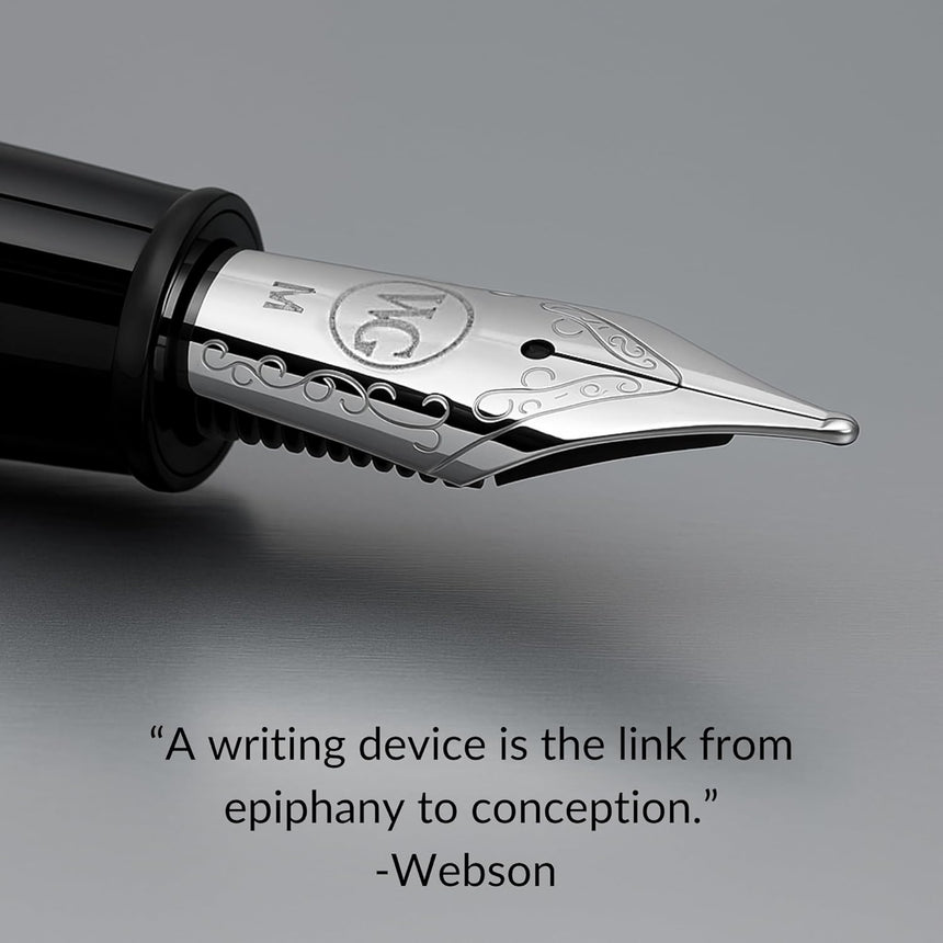 Close-up of the WG ‘The Raider’ Everyday Fountain Pen in black and silver with a stainless steel medium nib, displayed above an inspiring writing quote.