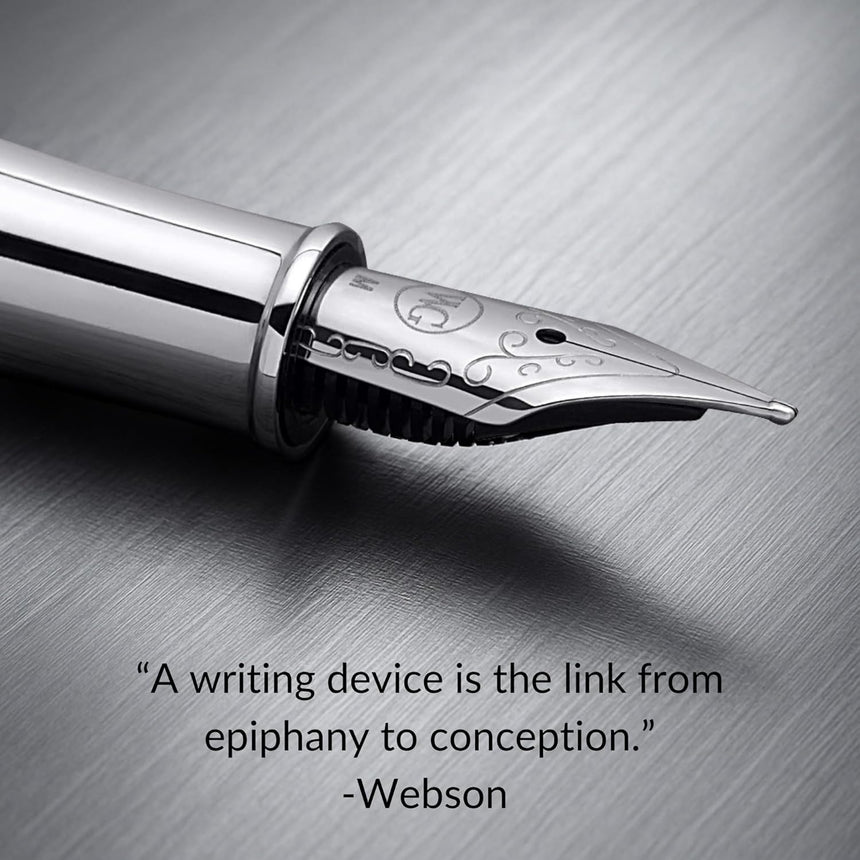 A close-up of WG’s ‘The Weaver’ Everyday Fountain Pen in silver lattice, renowned for its smooth writing, with a quote about writing by Webson displayed below.
