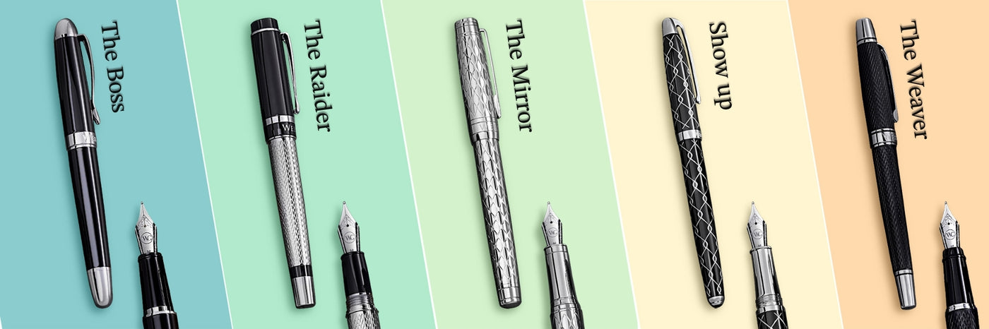 Five fountain pens, each labeled: The Boss, The Raider, The Mirror, Show Up, and The Weaver, on colored backgrounds.
