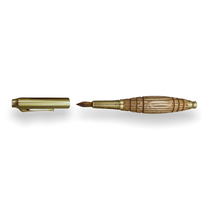 A Webson Gill 'Bourbon Barrel' Premium Fountain Pen made of gold and wood is shown uncapped on a white background.