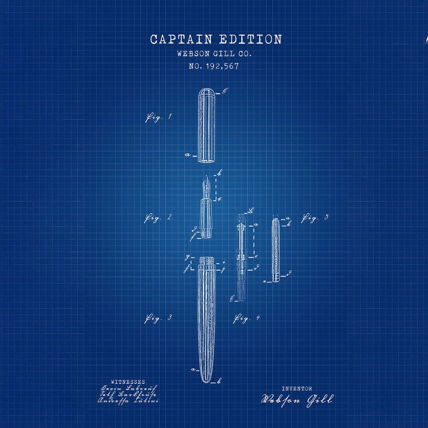 Blueprint-style patent drawing of the Webson Gill Captain Edition Blueprint fountain pen, with annotated and labeled parts.