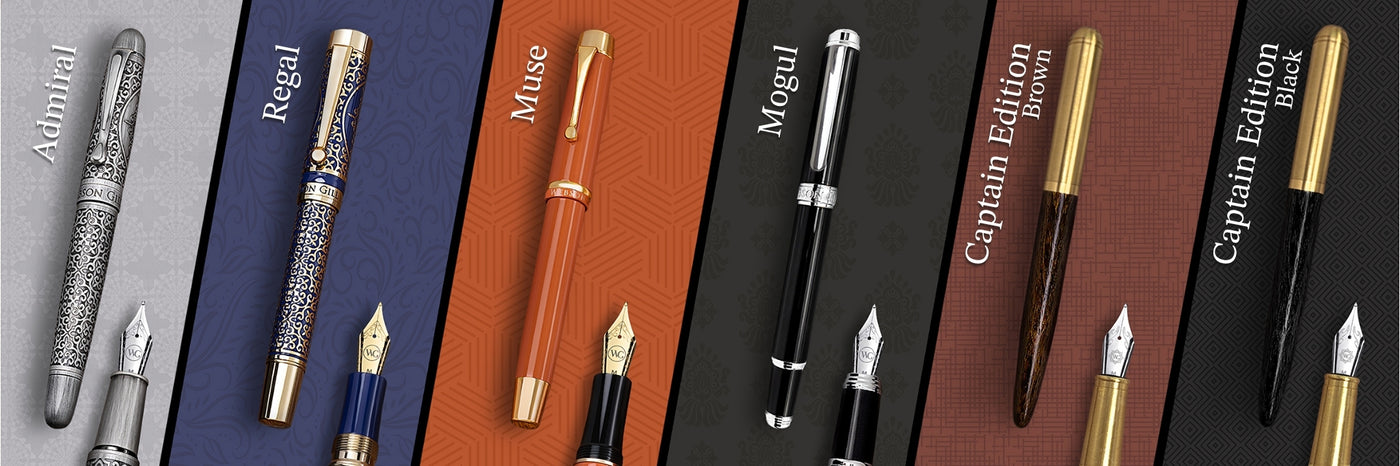 Six luxury fountain pens are displayed vertically, each labeled: Admiral, Regal, Muse, Mogul, Captain Edition (Brown), and Captain Edition (Black).