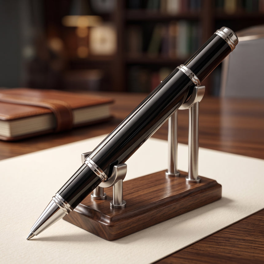 A sleek black and silver 'The Mogul' Premium Ballpoint Pen by Webson Gill, featuring smooth ink flow, rests elegantly on a wooden stand, with a notebook and shelves in the background.