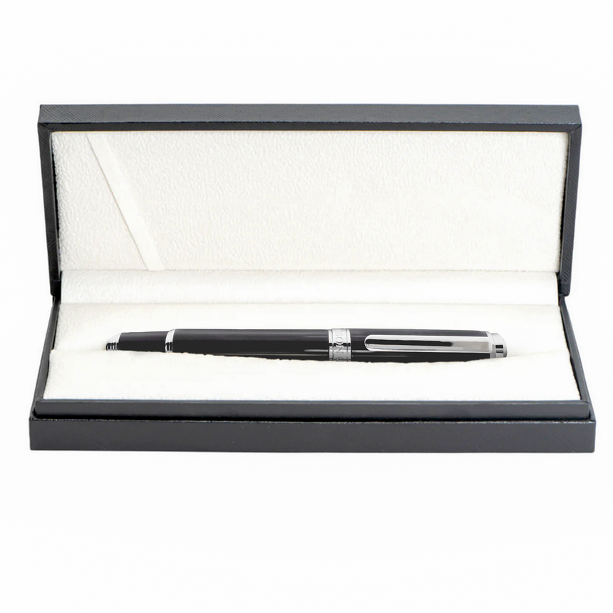 The Webson Gill 'The Mogul' Premium Fountain Pen features black lacquer, silver accents, a stainless steel nib, and comes in a white-lined black gift box.