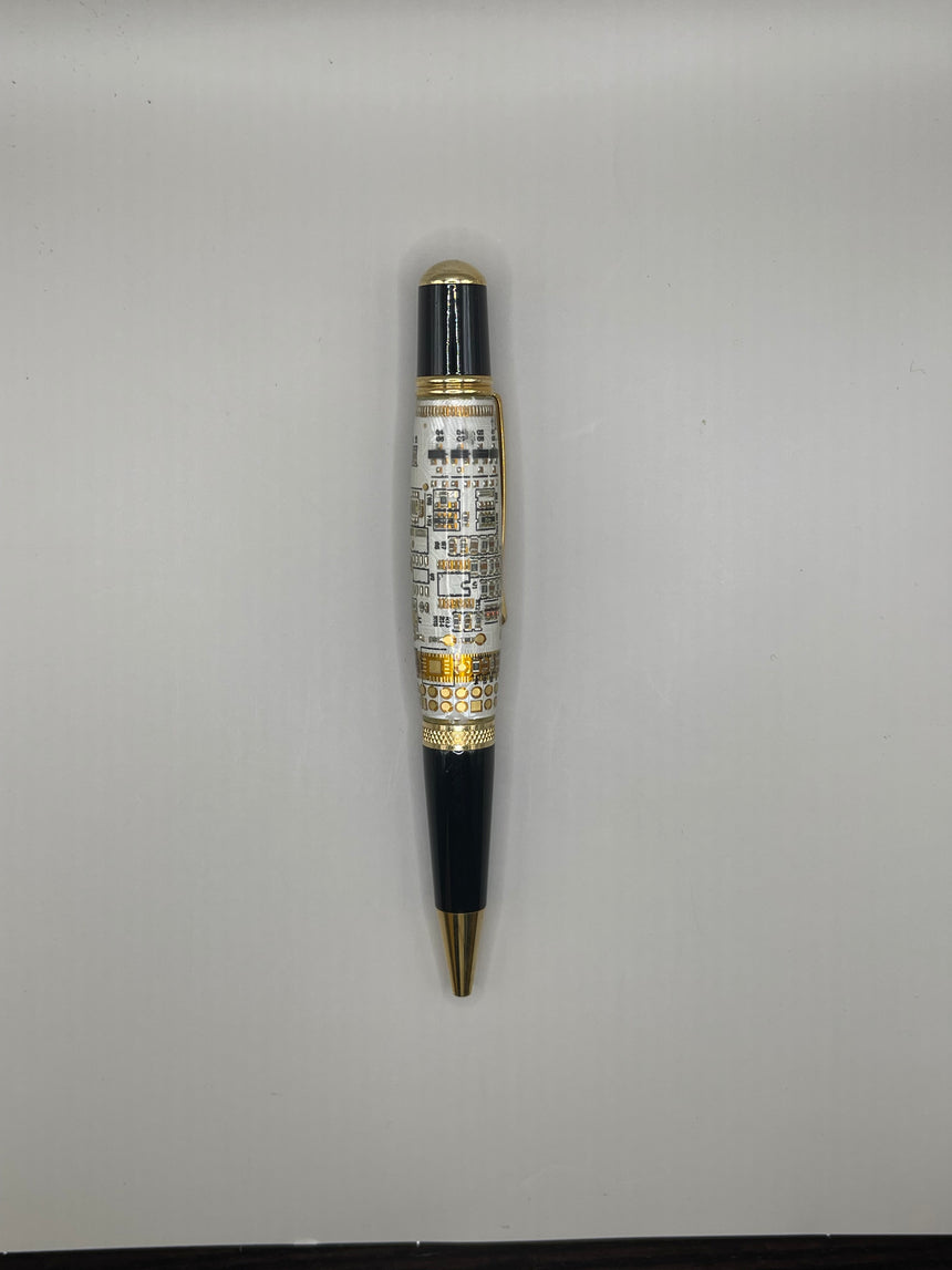 The Webson Gill "Techno Fusion" Ballpoint Pen from Webson Gill Archives features a rotary calendar on its barrel, showcasing modern sophistication and tech-inspired design, elegantly photographed on a plain white background.