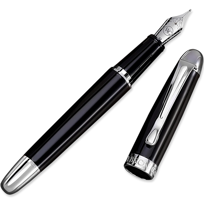 The WG 'The Boss' Everyday Fountain Pen, featuring a black and silver design with a stainless steel nib, is shown with its cap beside it on a white background.