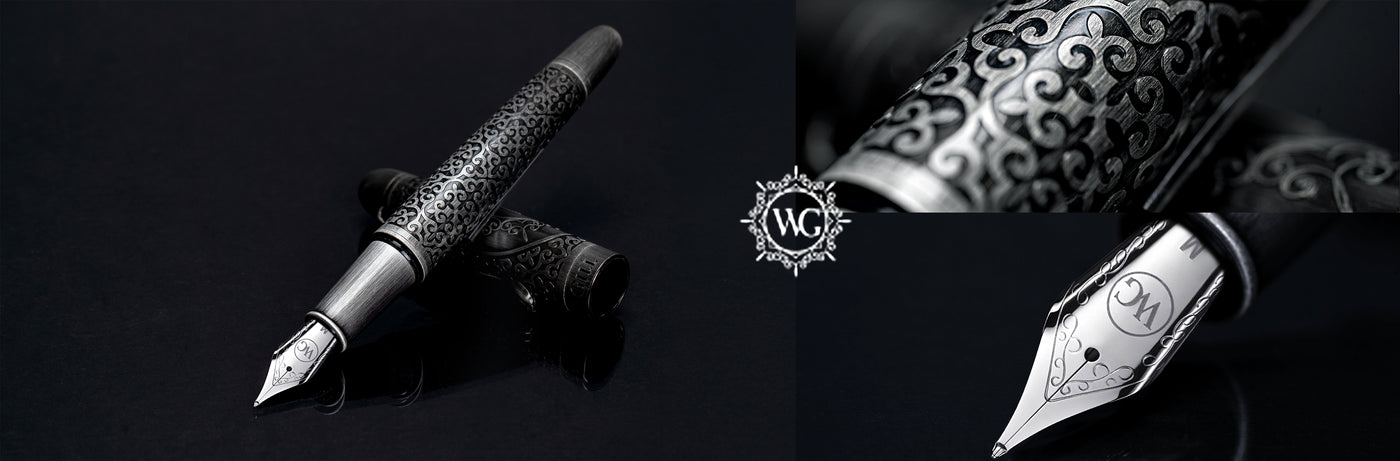 A luxury black and silver fountain pen with intricate patterns, shown in close-up and detailed views.