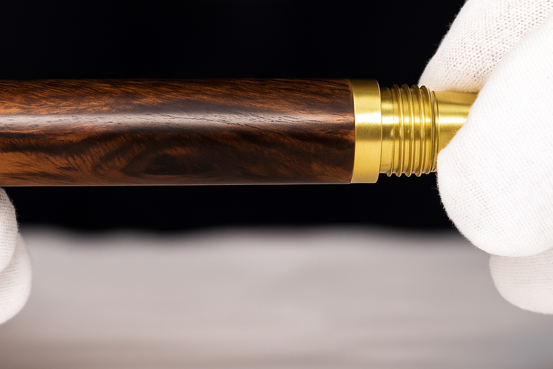 Gloved hands holding a wooden object with a gold metal threaded end, against a blurred background.