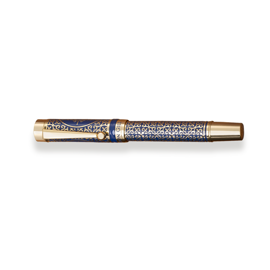 The Regal Fountain Pen by Webson Gill is a gold and blue luxury pen featuring intricate patterns and gold brass filigree, displayed against a plain white background.