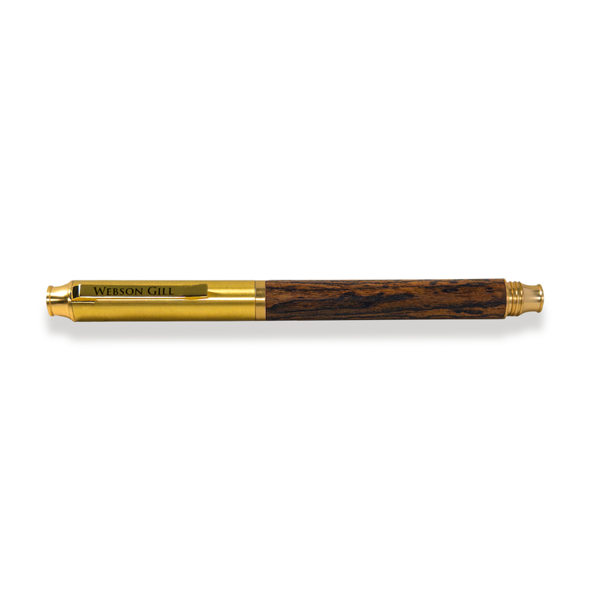 The Prestige Edition Fountain Pen by Webson Gill features a gold and wood brass body, an iridium nib, and "Webson Gill" engraved on the gold clip, shown against a white background.