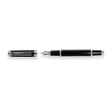 The Mogul Fountain Pen by Webson Gill, featuring a black body with silver accents and a stainless steel medium nib, lies next to its uncapped lid on a white background.