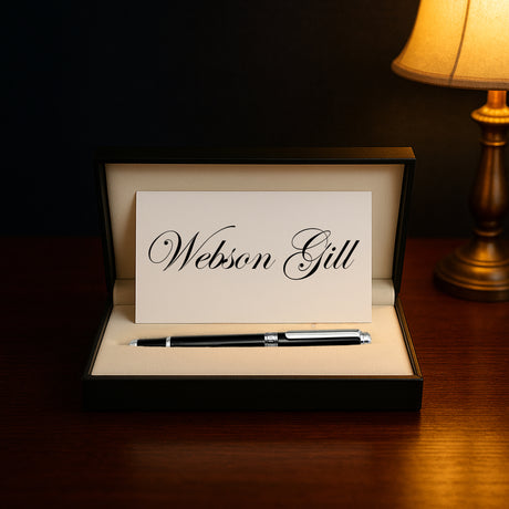 The Mogul Fountain Pen by Webson Gill, featuring a stainless steel nib and a card inscribed with the brand’s script, is displayed in an open box beside a lit lamp—an elegant gift for any desk.