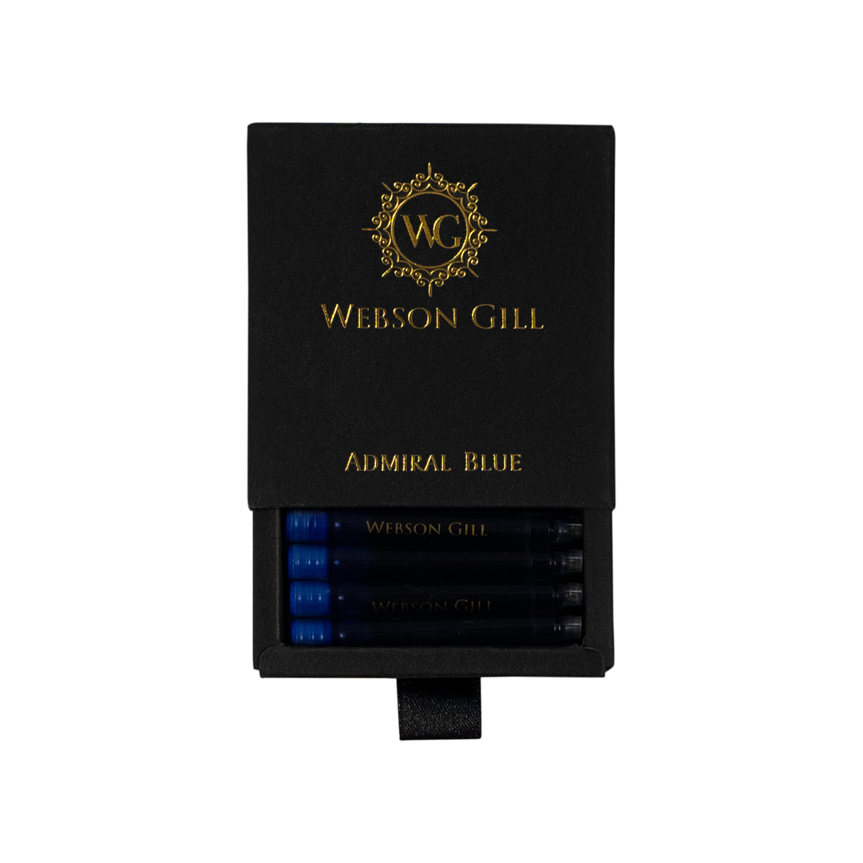 A black box labeled "Webson Gill" containing a starter pack of 2 blue ink refill cartridges for Webson Gill fountain pens.