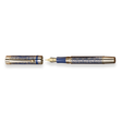The Regal Fountain Pen by Webson Gill features an ornate blue and gold brass filigree design and is shown uncapped—a luxurious collectible ideal for fountain pen enthusiasts.