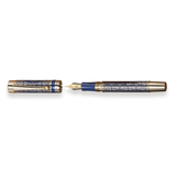 The Regal Fountain Pen by Webson Gill features an ornate blue and gold brass filigree design and is shown uncapped—a luxurious collectible ideal for fountain pen enthusiasts.
