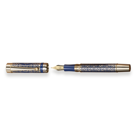 The Regal Fountain Pen by Webson Gill features an ornate blue and gold brass filigree design and is shown uncapped—a luxurious collectible ideal for fountain pen enthusiasts.