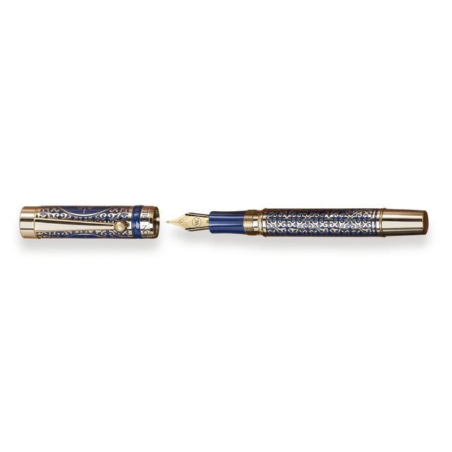 The Regal Fountain Pen by Webson Gill features an ornate blue and gold brass filigree design and is shown uncapped—a luxurious collectible ideal for fountain pen enthusiasts.